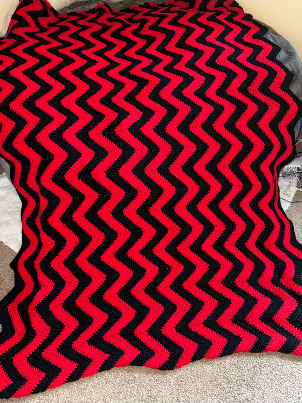 Hand Crafted Red and Black Chevron Crochet Throw Blanket